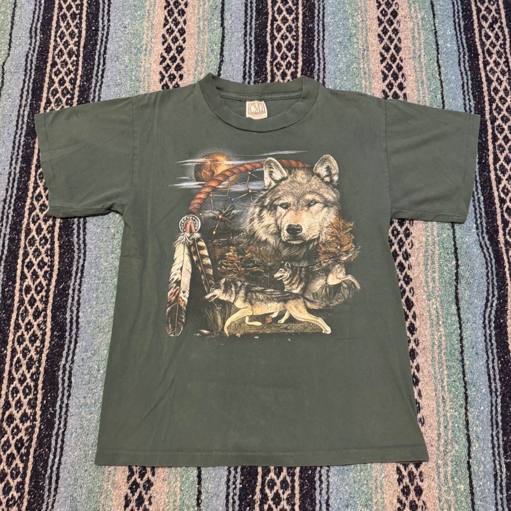 Vintage CMJ Mountain Wear Wolf Dreamcatcher Graphic T-Shirt Green Mens Medium